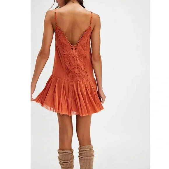 Free People FP One Casella Drop Waist Embroidered Slip Mini Dress in Rust - Picture 3 of 7